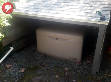 Generator installed in a tiny doghouse style shed.
